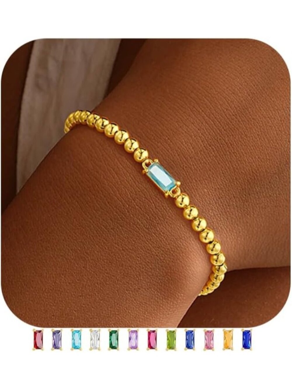 Women's Blue Birthstone Bracelet 14K Gold Plated Beaded Elastic Dainty Jewelry